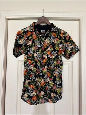 Spencer's Black Tropical Floral Button-Down Shirt with Orange & Green Accents